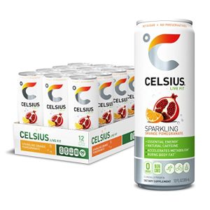 CELSIUS Sweetened with Stevia Sparkling Fitness Drink, Zero Sugar, Slim Can, Orange Pomegranate, 144 Fl Oz (Pack of 12)